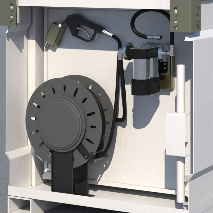 AceCube with Rotary Hand Pump AceCube Versatile Tank featuring rotary hand pump and retractable hose reel installed on universal bracket