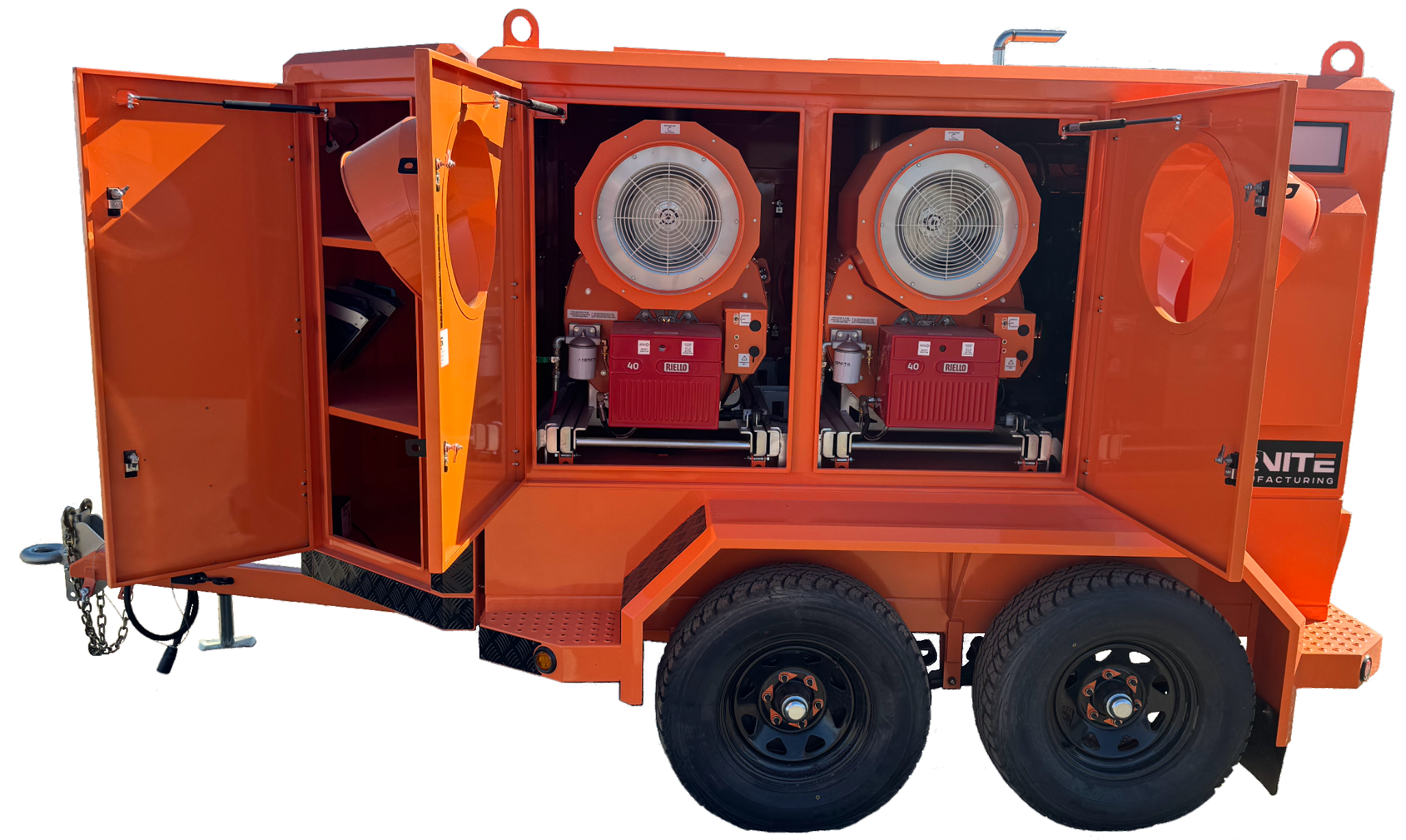 Side view of HT-TB1000 Trailblazer with open doors revealing dual heaters and fuel system